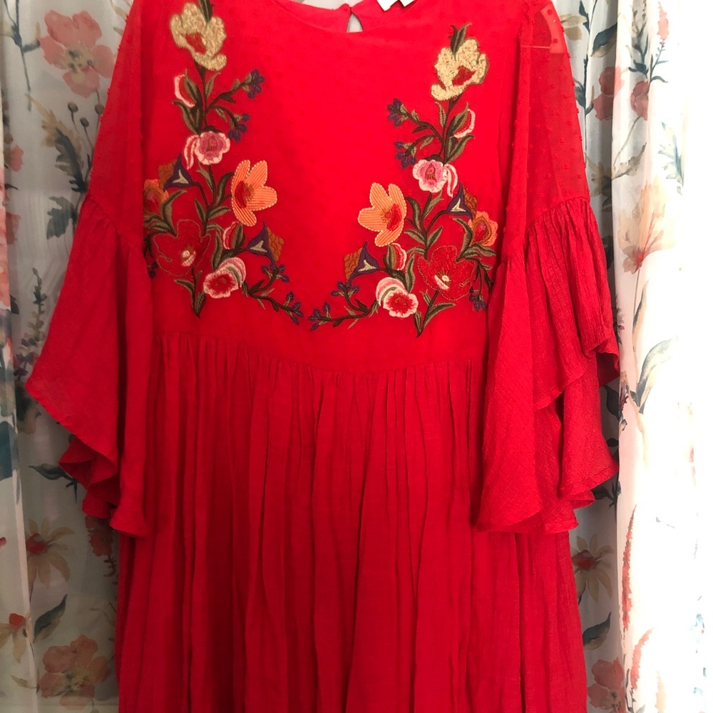 Umgee Red Floral Embroidered Bell Sleeve Dress